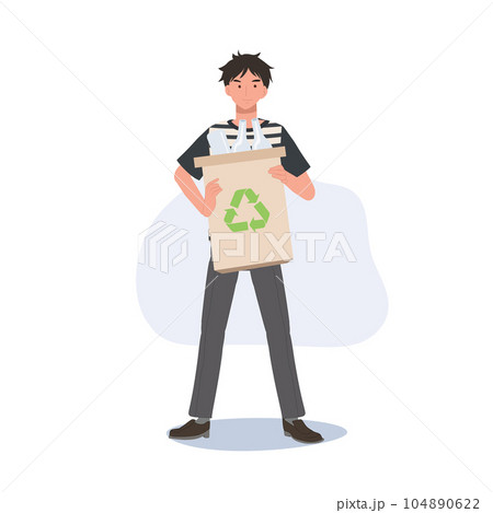 recycling, waste sorting and sustainability concept. Man holding recycle box full of used glass. Flat vector cartoon illustration 104890622