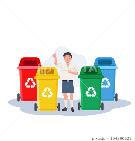 Kids with recycling garbage. boy is giving thumb up while explaining about the color of recycle bin. 104890623