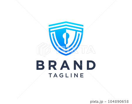 Abstract Security Logo. Blue Linear Shield Linked with Keyhole inside isolated on White Background. Safety Guard Protection Symbol. Flat Vector Logo Design Template Element. Abstract Security Logo. Blue Linear Shield Linked with Keyhole inside isolated on White Background. Safety Guard Protection Symbol. Flat Vector Logo Design Template Element. 104890658