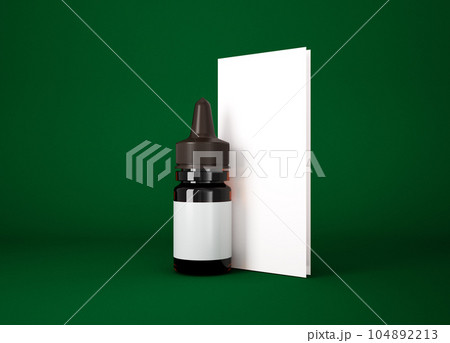 Amber glass dropper bottle mockup on green background, 3d rendering Amber glass dropper bottle mockup on green background, 3d rendering 104892213