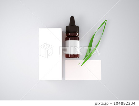 Amber glass dropper bottle mockup with box on gray background, 3d rendering 104892234