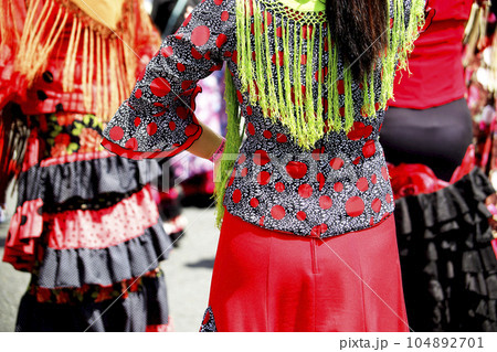 フラメンコの衣装を纏い踊る女性たち 104892701