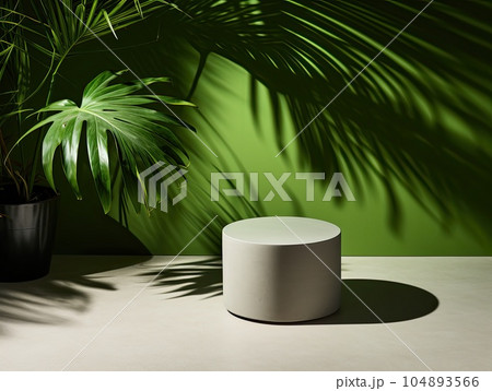 Round gray stone cylinder podium pedestal green grass room, palm leaves, shadow background. Concept display scene stage platform showcase, product, sale, banner, presentation, cosmetic. Generative AI. Round gray stone cylinder podium pedestal green grass room, palm leaves, shadow background. Concept display scene stage platform showcase, product, sale, banner, presentation, cosmetic. Generative AI. 104893566