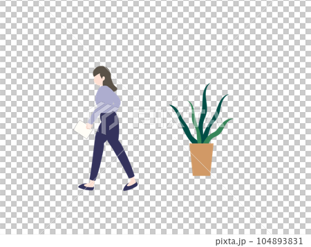 A woman walking with documents and foliage plants 104893831