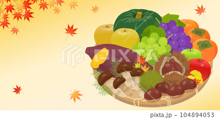秋の味覚盛り合わせと紅葉の背景（2：1） 104894053