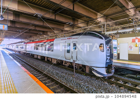 日本の横浜都市景観　成田エクスプレス（先頭車両・戸塚駅に停車中）などを望む 104894548