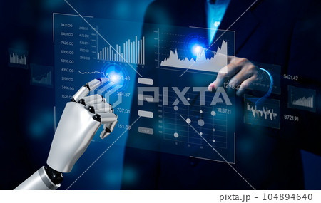 Business 3D rendering artificial intelligence AI robot dashboard Big data diagram graph virtual screen. economic analysis and investment finance and marketing business intelligence (BI) concept. 104894640
