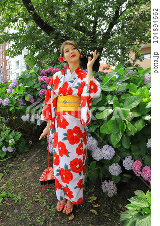満開の紫陽花と着物姿の外国人女性 満開の紫陽花と着物姿の外国人女性 104894662
