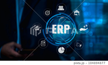 Hand touch icon ERP Enterprise Resource Planning system cloud integration, automation, and analytics financial management, accounting, supply chain management virtual screen. 104894877