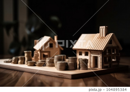 Investment and ownership concept with wooden house and stacks of coins on a table, portraying financial stability and prosperity. AI Generative. Investment and ownership concept with wooden house and stacks of coins on a table, portraying financial stability and prosperity. AI Generative. 104895384