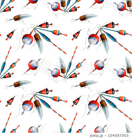 Watercolor drawing pattern from various fishing bobblers, red, white, blue and black with fishing line on white background. Angling gear for banner, card, textile print, stickers, wallpapers, wrapping 104897003