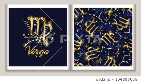 Pattern, label with gold icon of zodiac sign Virgo, constellation with stars, third eye, text, triangle as alchemical symbol of earth element. Horoscope esoteric design elements. Vintage style. Pattern, label with gold icon of zodiac sign Virgo, constellation with stars, third eye, text, triangle as alchemical symbol of earth element. Horoscope esoteric design elements. Vintage style. 104897038