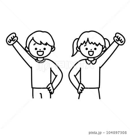 やる気のある元気な子どもたち・線画 104897308