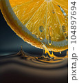 Juicy slice of orange with water drops on black backgroundJuicy slice of orange with water drops on black background 104897694