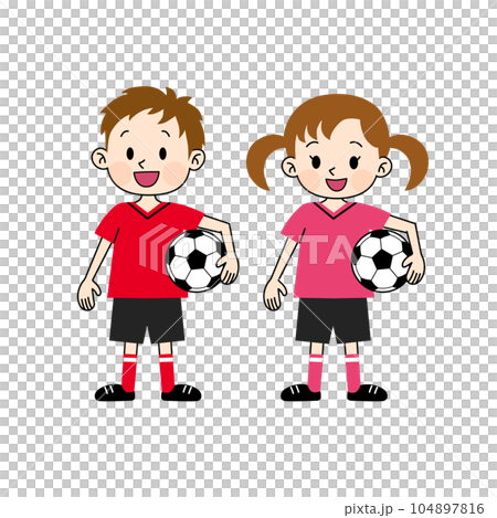 サッカーボールを持つ男の子と女の子 104897816