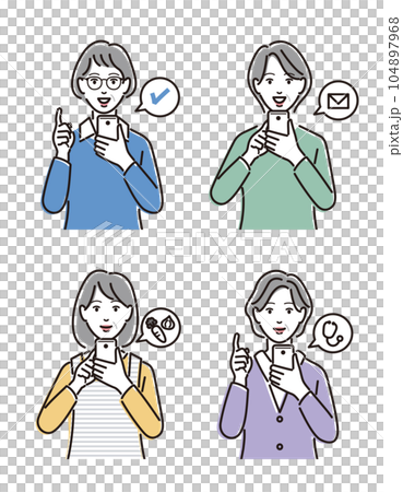 スマホを操作するシニア女性のセット スマホを操作するシニア女性のセット 104897968