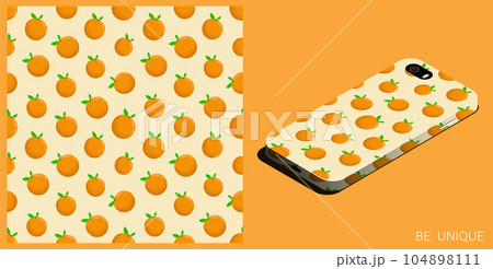 Modern smartphone in unique case decorated seamless pattern with whole orange and leaves. Isometric top view. Vector ornament for design of posters and accessory Modern smartphone in unique case decorated seamless pattern with whole orange and leaves. Isometric top view. Vector ornament for design of posters and accessory 104898111