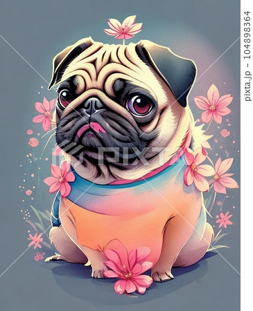 ピンクの花をバックにしたパグ犬のイラスト素材 [104898364] - PIXTA