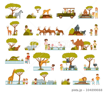 Parent and Kid Travelers Visiting Tropical National Park Watching Wild African Animals Vector Set 104899088