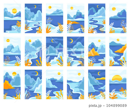 Blue Day and Night Abstract Landscape with Mountains and Sun with Crescent in the Sky Vector Set Blue Day and Night Abstract Landscape with Mountains and Sun with Crescent in the Sky Vector Set 104899089