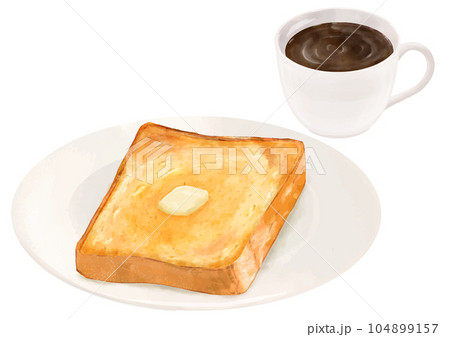 リアルなバタートーストとコーヒーのセット俯瞰 104899157
