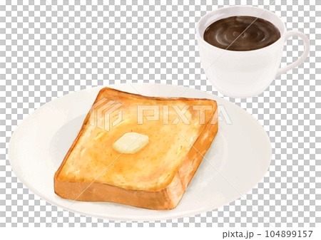 現實的黃油吐司和咖啡具俯視圖 104899157
