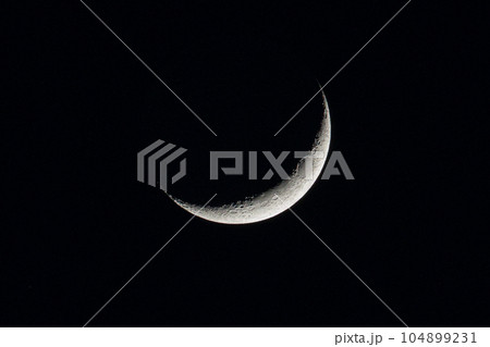 Waxing Crescent Moon. Moonlight In Night Sky. Bright Crescent Moon On Dark Black Night Sky. Amazing Night Sky Landscape And Moon, Stars. Real Sky With Crescent. Copy Space 104899231