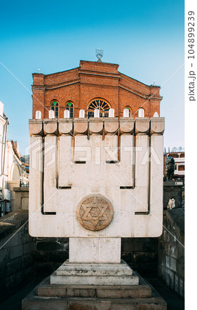 Large Hanukkah Menorah At Entrance To Great Synagogue Of Tbilisi Great Synagogue In Tbilisi, Also Sephardic, Or Synagogue Of Jews From Akhaltsikhe - Main Synagogue Of Jewish Community In City. Great 104899239
