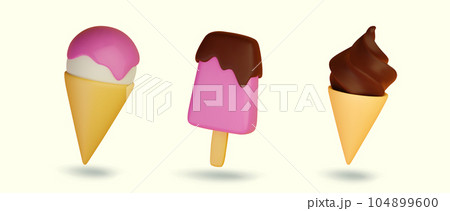 Set of cartoon ice cream in waffle cones and on stick, vector 3d illustration 104899600