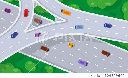 Top view of highway junction. Road interchange or highway intersection with busy urban traffic. vector illustration 104899663