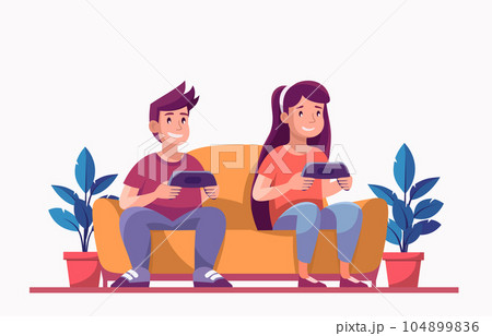Boy and girl kids sit on sofa playing console video game together holding controllers. Gamers children. Entertainment and leisure. Flat vector gaming illustration Boy and girl kids sit on sofa playing console video game together holding controllers. Gamers children. Entertainment and leisure. Flat vector gaming illustration 104899836