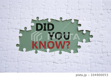 Did you know symbol. White puzzle with words Did you know. Beautiful grey green background. Business and Did you know concept. Copy space. 104900053