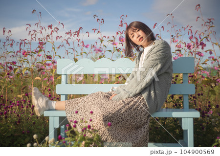 コスモス畑でベンチに座ってポーズをとる女の子 104900569