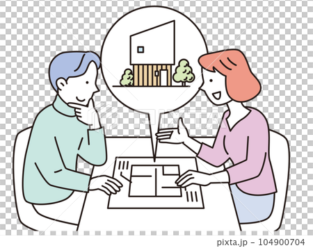 一對年輕夫婦正在討論他們的新家 一對年輕夫婦正在討論他們的新家 104900704