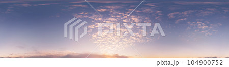 Sunset sky panorama with golden pink Cirrus clouds. Seamless hdr spherical 360 panorama. Sky dome in 3D visualization, sky replacement for aerial drone 360 panoramas. Weather and climate change Sunset sky panorama with golden pink Cirrus clouds. Seamless hdr spherical 360 panorama. Sky dome in 3D visualization, sky replacement for aerial drone 360 panoramas. Weather and climate change 104900752