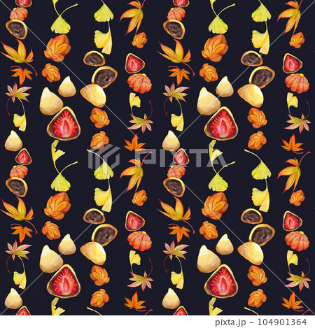 Watercolor seamless pattern with hand drawn traditional Japanese sweets. Wagashi, mochi, autumn maple leaves. Isolated on color background. Invitations, restaurant menu, greeting cards, print, textile Watercolor seamless pattern with hand drawn traditional Japanese sweets. Wagashi, mochi, autumn maple leaves. Isolated on color background. Invitations, restaurant menu, greeting cards, print, textile 104901364