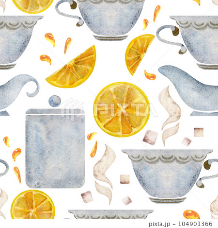 Hand drawn watercolor teaware, tea lemon, dishes crockery porcelain, hot beverage. Seamless pattern isolated on white background. For invitations, cafe, restaurant food menu, print, website, cards 104901366