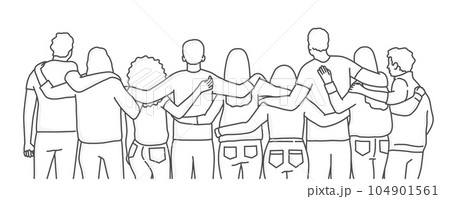 Back view of men and women standing together, embracing each other. 104901561