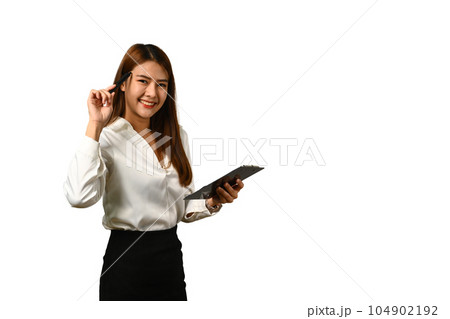 Businesswoman clipboard and smiling to camera isolated on white background 104902192