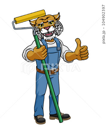 Wildcat Painter Decorator Paint Roller Mascot Man 104902397