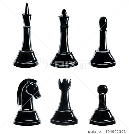 Black chess pieces watercolor illustration set. Hand drawn realistic clipart of king, queen, knight, rook, bishop, pawn for game sport designs 104902398