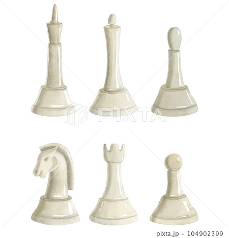 Watercolor white chess pieces illustration set. Hand drawn realistic watercolor clipart of king, queen, knight, rook, bishop, pawn for hobby sport designs 104902399