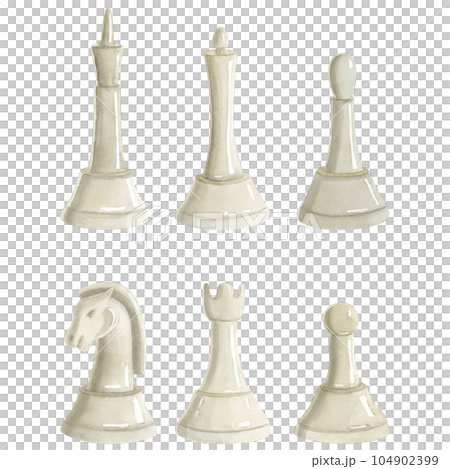 Watercolor white chess pieces illustration set. Hand drawn realistic watercolor clipart of king, queen, knight, rook, bishop, pawn for hobby sport designs 104902399