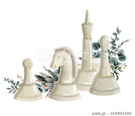 White king, bishop, knight and pawn chess pieces watercolor illustration with green eucalyptus branches. Hand drawn realistic romantic clipart for game sport designs 104902400
