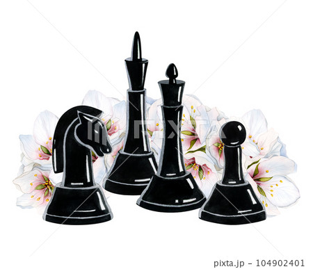 Black king, queen, knight and pawn chess pieces watercolor illustration with white and pink flowers. Hand drawn realistic romantic clipart for game sport designs Black king, queen, knight and pawn chess pieces watercolor illustration with white and pink flowers. Hand drawn realistic romantic clipart for game sport designs 104902401