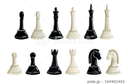Black and white chess pieces full illustration set. Hand drawn realistic watercolor clipart of king, queen, knight, rook, bishop, pawn for game sport designs 104902402