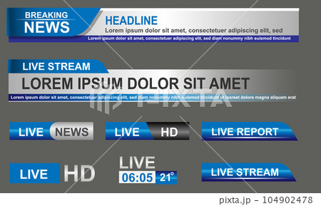 Broadcast News Lower Thirds Template layout blue grey set collection design banner for bar Headline news title, sport game in Television, Video and Media Channel vector 104902478