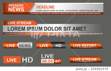 Broadcast News Lower Thirds Template layout orange grey set collection design banner for bar Headline news title, sport game in Television, Video and Media Channel vector 104902479