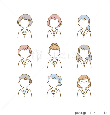 アイコンセット：医療現場で働く白衣姿の医療従事者（女性正面/上半身/主線あり手描き線/表情なし） 104902818