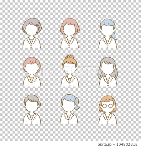 アイコンセット：医療現場で働く白衣姿の医療従事者（女性正面/上半身/主線あり手描き線/表情なし） 104902818